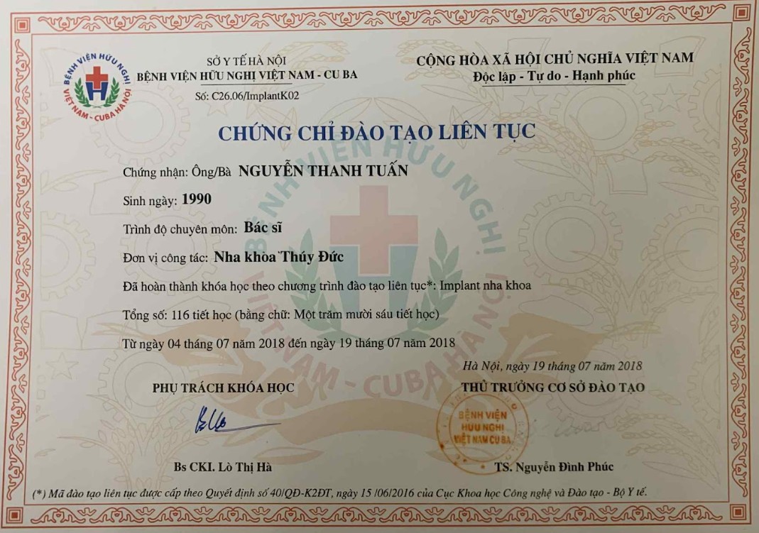 Chứng chỉ đào tạo BS. Tuấn